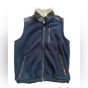 Orvis Fleece Vest Sherpa Lined Collar Faux Leather Trim Navy Blue Men's Medium